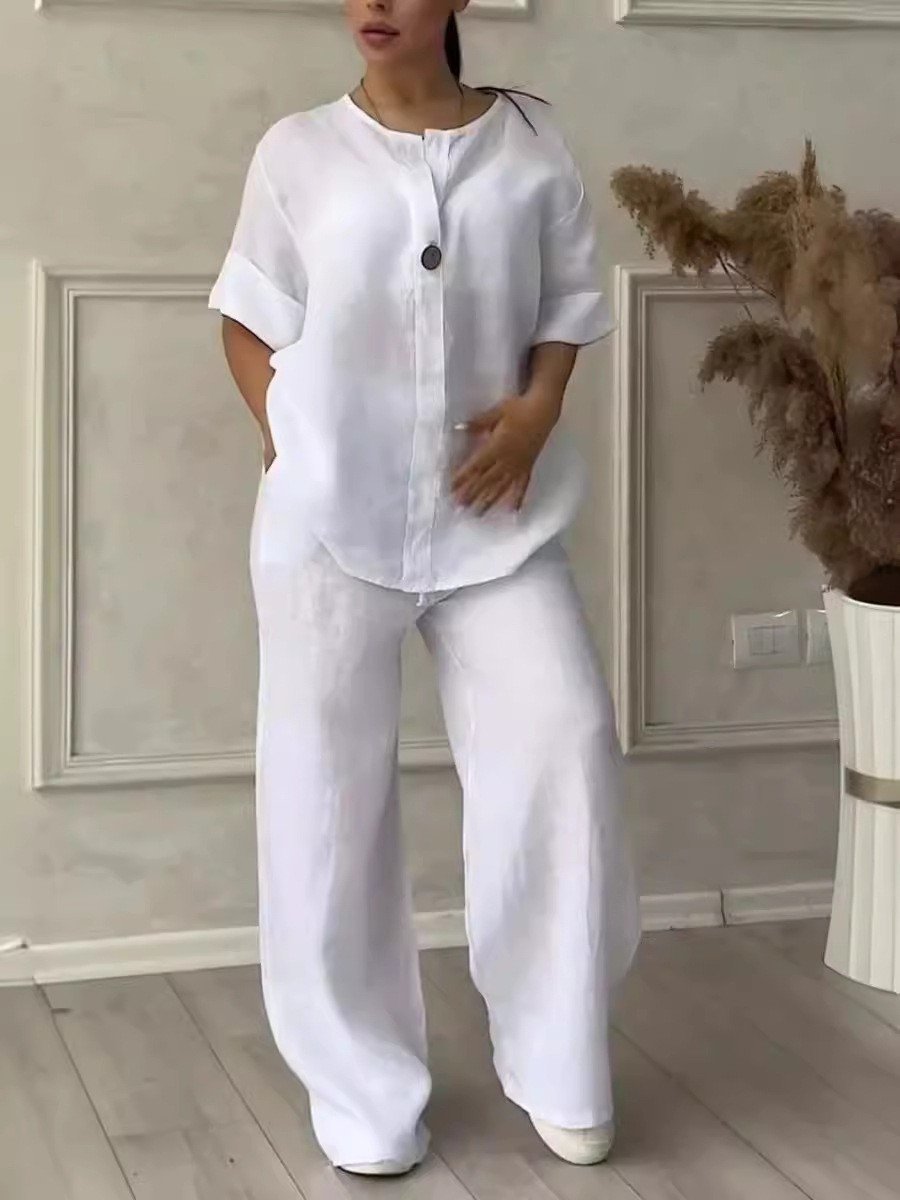 Alexa – Zweiteiler aus Leinen mit V-Ausschnitt und Knopfdetails