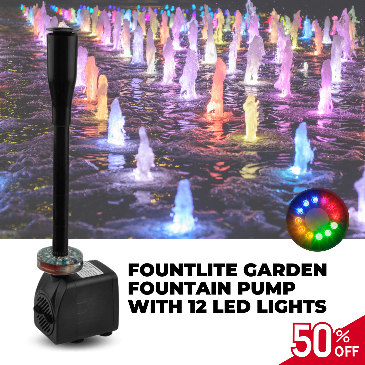 GlowFlow – Solar-Gartenbrunnen mit bunten LED-Lichtern