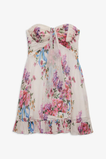 Aurea – Minikleid mit Blumenmuster und trägerloser, fließender Silhouette