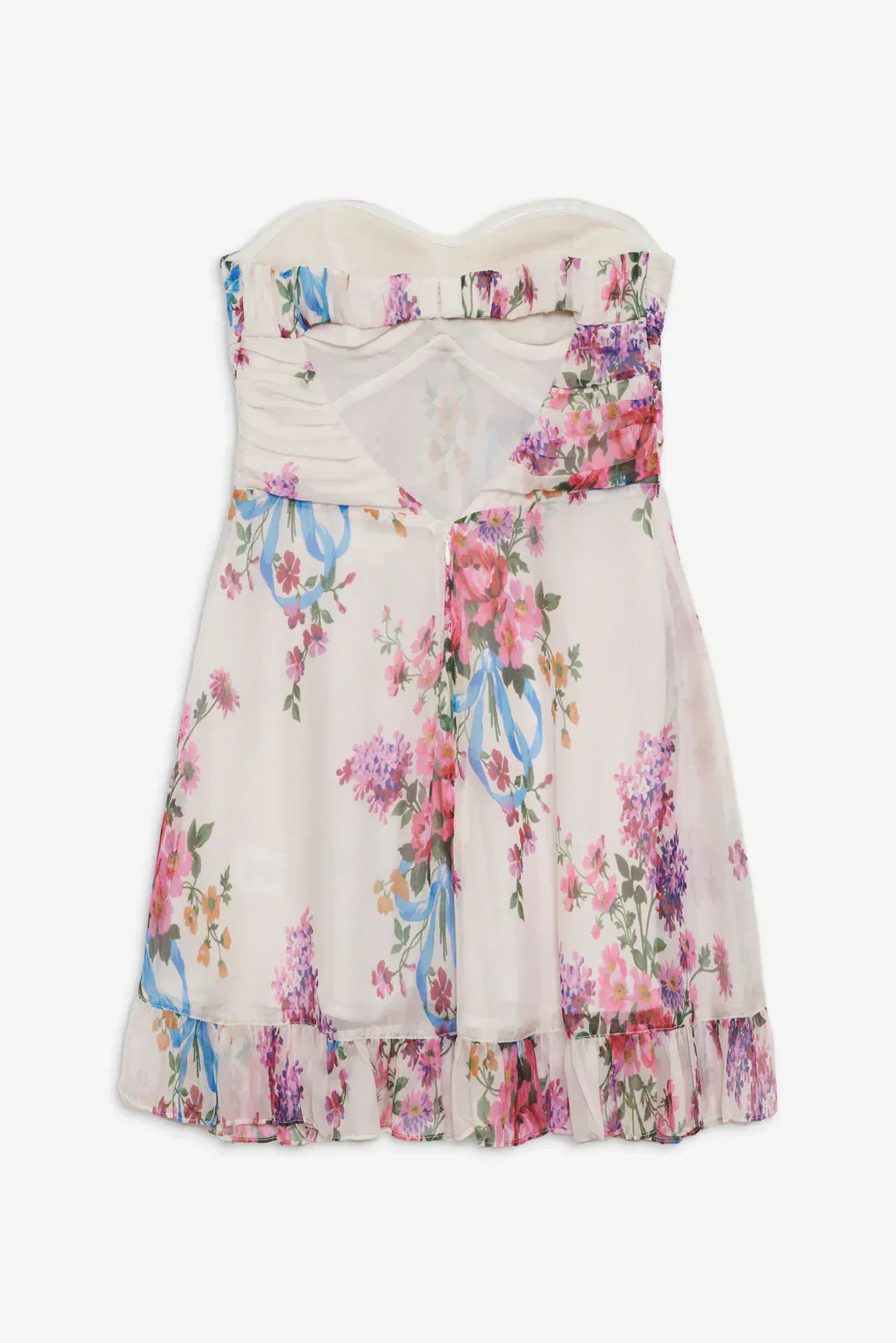 Aurea – Minikleid mit Blumenmuster und trägerloser, fließender Silhouette