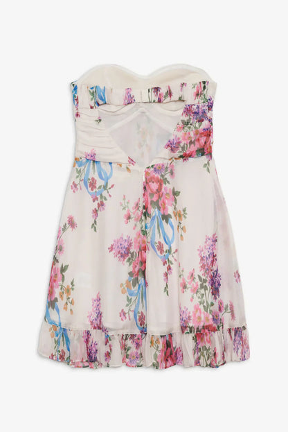 Aurea – Minikleid mit Blumenmuster und trägerloser, fließender Silhouette