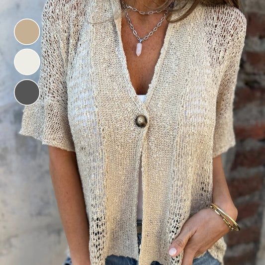 Claudia – Gestrickter Hohlcardigan mit V-Ausschnitt und kurzen Ärmeln