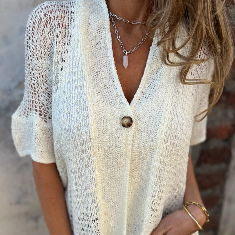 Claudia – Gestrickter Hohlcardigan mit V-Ausschnitt und kurzen Ärmeln