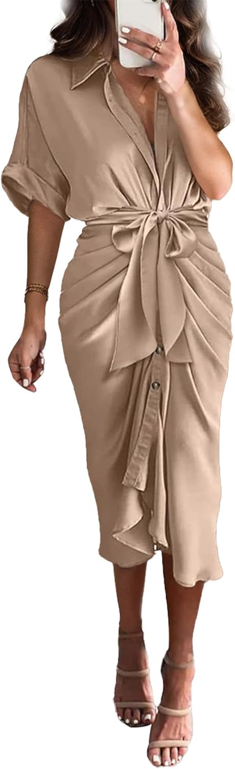 Victoria – Satin-Knopfkleid mit gerafftem V-Ausschnitt vorne