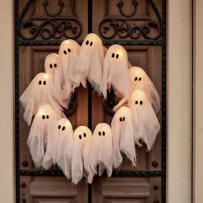 SpookyGlow – 12 leuchtende Geister LED-Kranz für Halloween