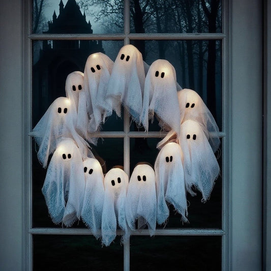 SpookyGlow – 12 leuchtende Geister LED-Kranz für Halloween