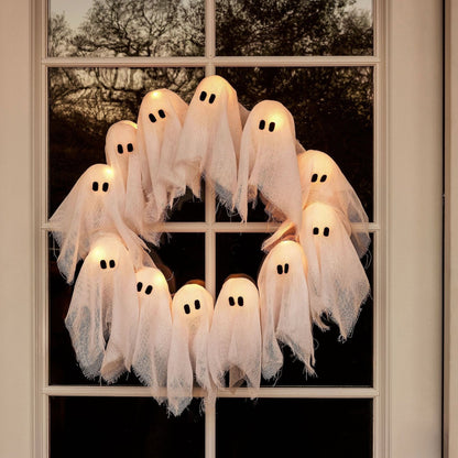 SpookyGlow – 12 leuchtende Geister LED-Kranz für Halloween