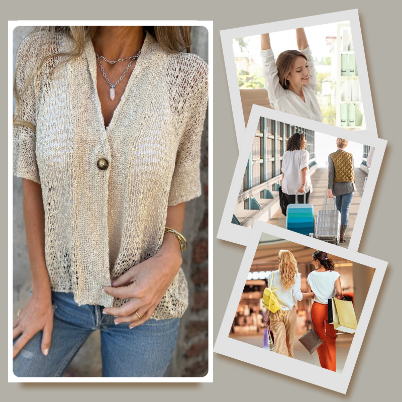 Claudia – Gestrickter Hohlcardigan mit V-Ausschnitt und kurzen Ärmeln