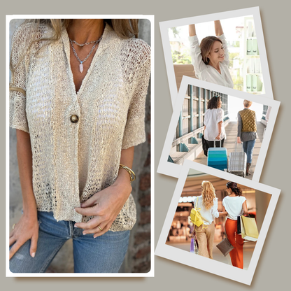 Claudia – Gestrickter Hohlcardigan mit V-Ausschnitt und kurzen Ärmeln