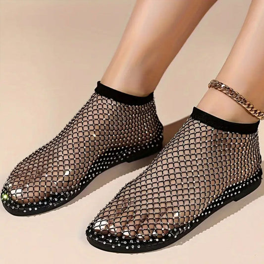 Lena – Rundzehen-Sandalen mit flachem Absatz und Strass Mesh Entwerfen