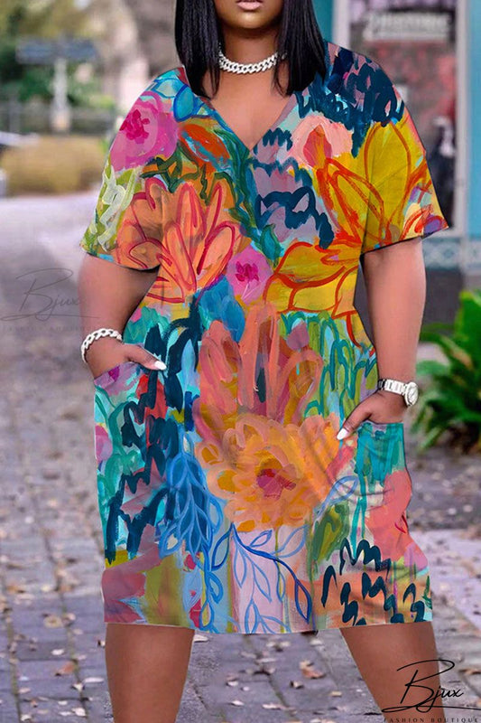Rosalinda – Buntes Patchwork-Kleid mit V-Ausschnitt für einen lebendigen Stil