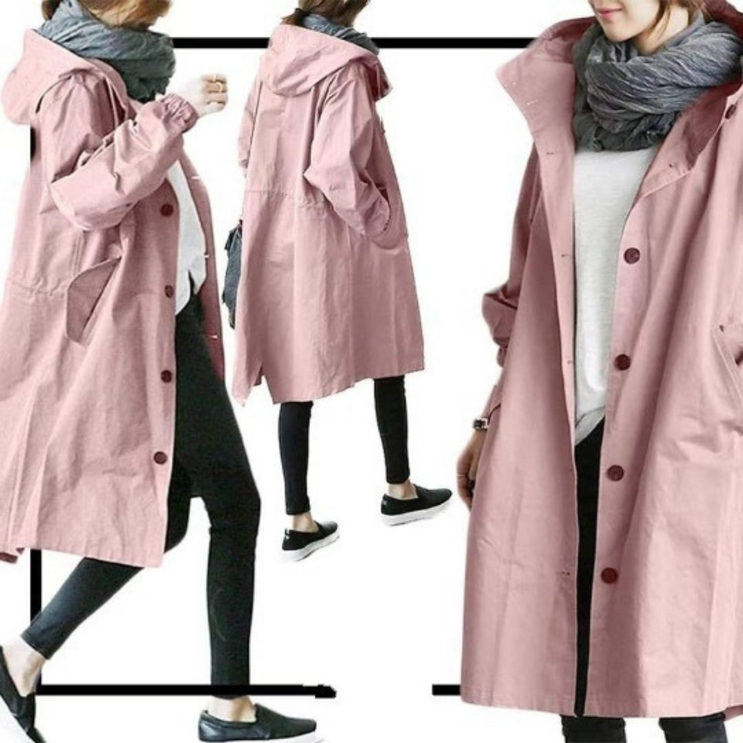 Langer – Langer Damen-Trenchcoat mit Kapuze und verstellbarer Passform
