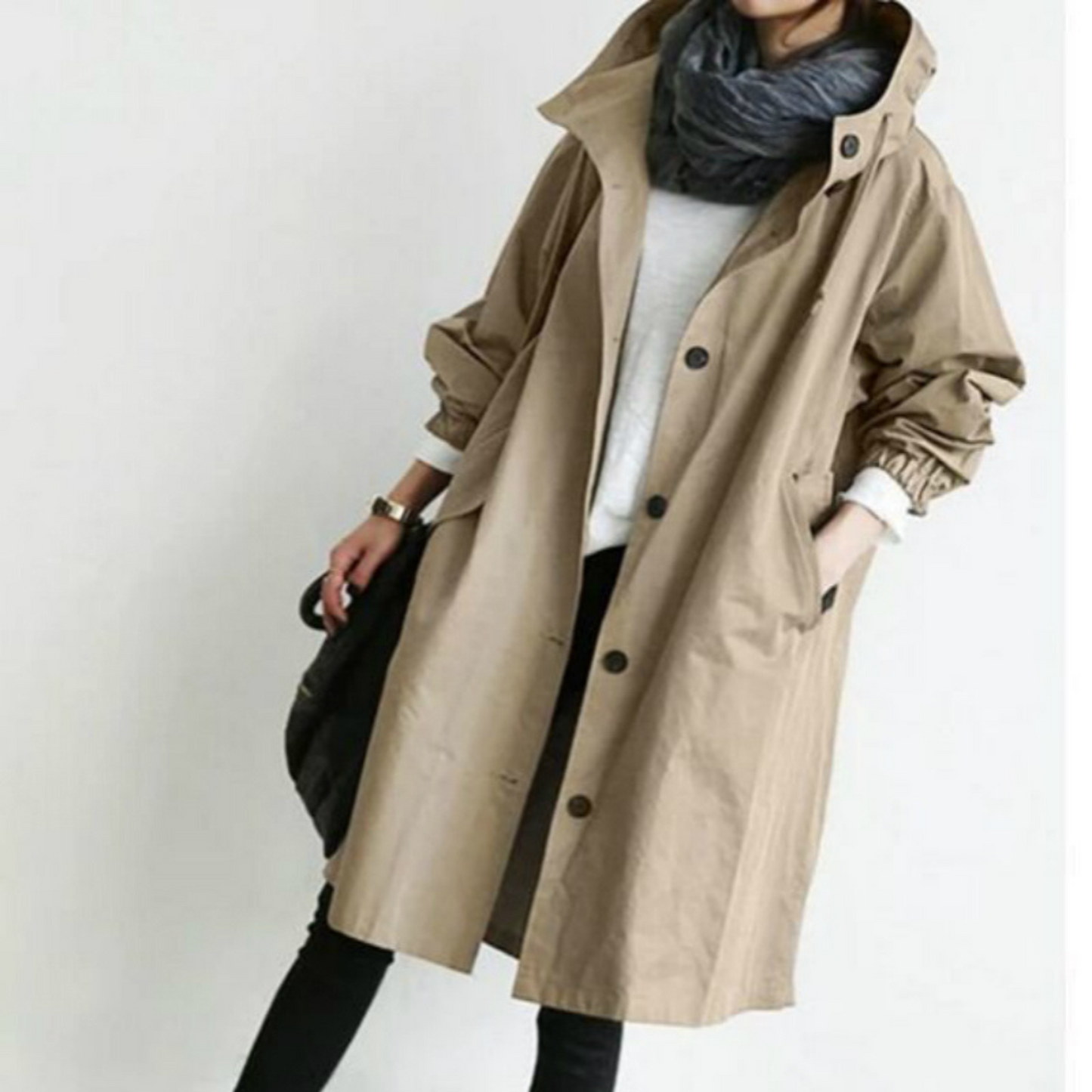 Langer – Langer Damen-Trenchcoat mit Kapuze und verstellbarer Passform