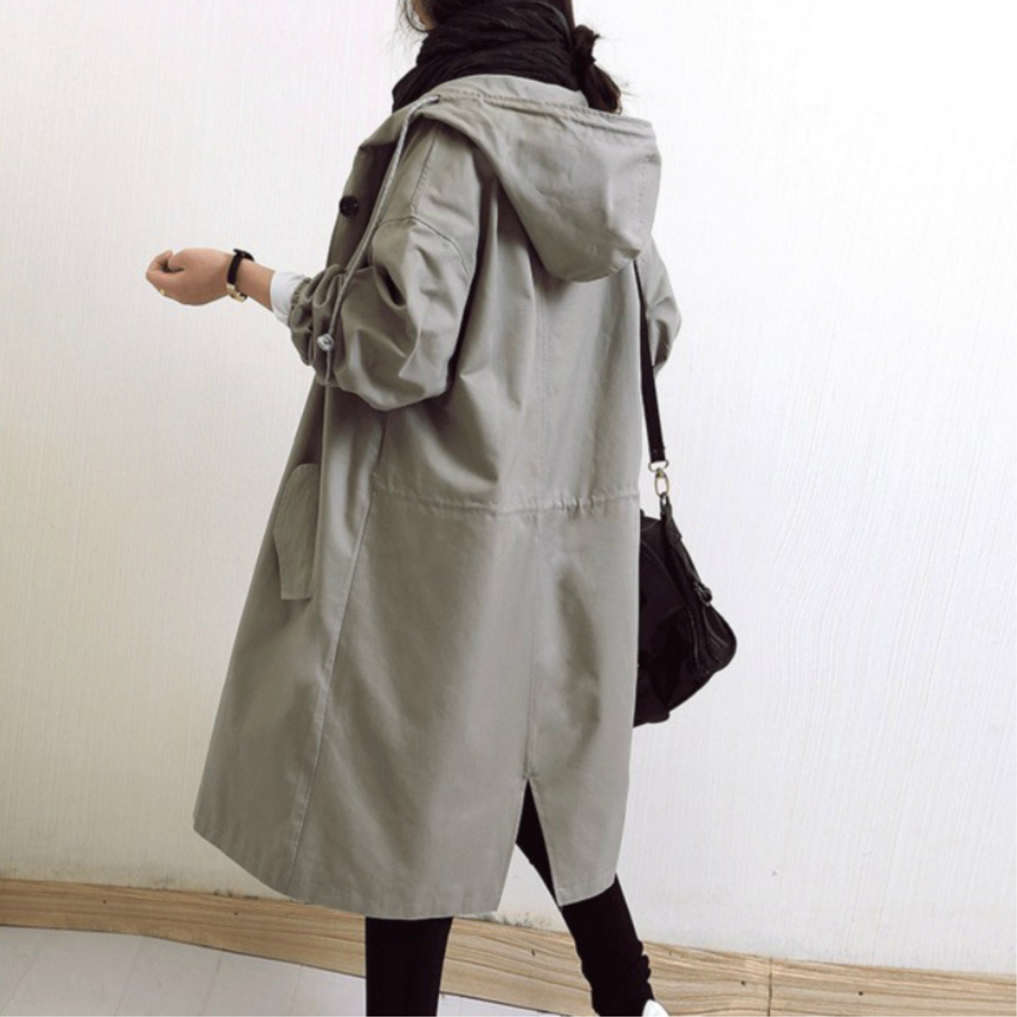 Langer – Langer Damen-Trenchcoat mit Kapuze und verstellbarer Passform