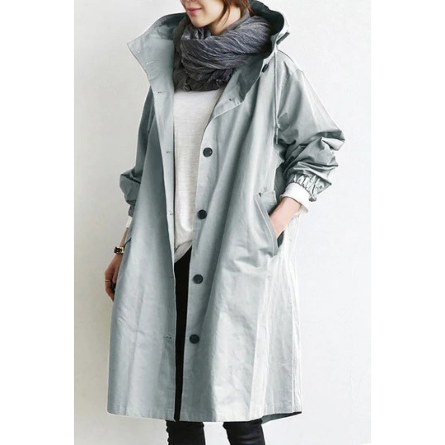 Langer – Langer Damen-Trenchcoat mit Kapuze und verstellbarer Passform