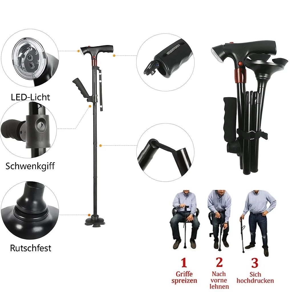 LumiWalk – LED-Gehstock mit ergonomischer Unterstützung und Sicherheitsfunktionen