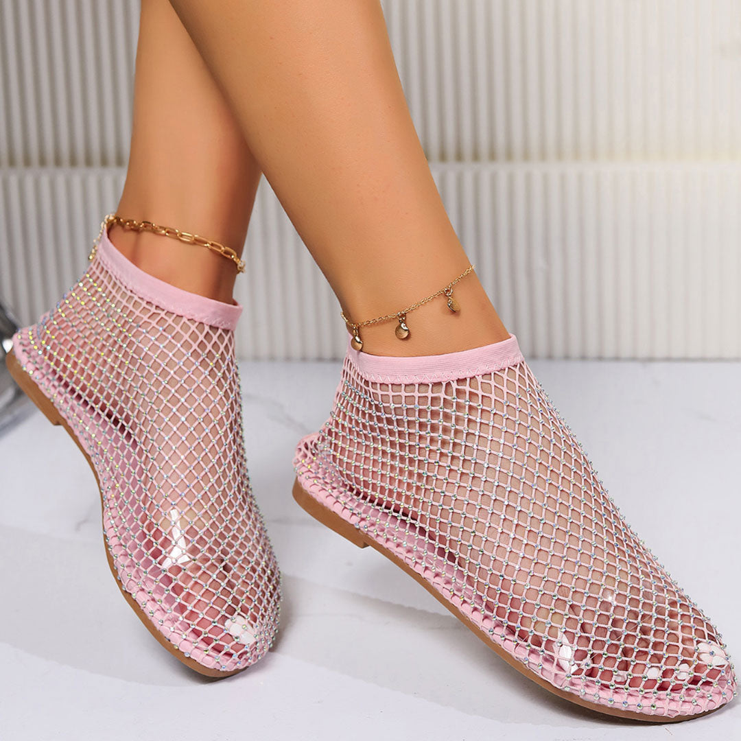Lena – Rundzehen-Sandalen mit flachem Absatz und Strass Mesh Entwerfen