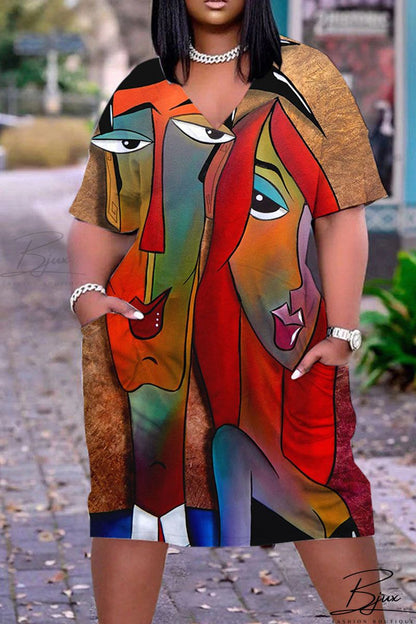 Rosalinda – Buntes Patchwork-Kleid mit V-Ausschnitt für einen lebendigen Stil
