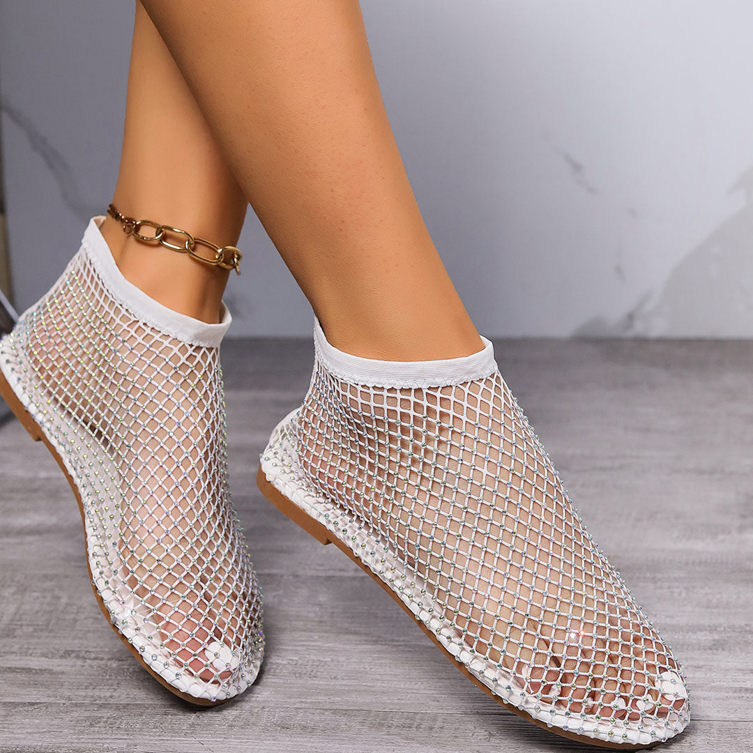 Lena – Rundzehen-Sandalen mit flachem Absatz und Strass Mesh Entwerfen
