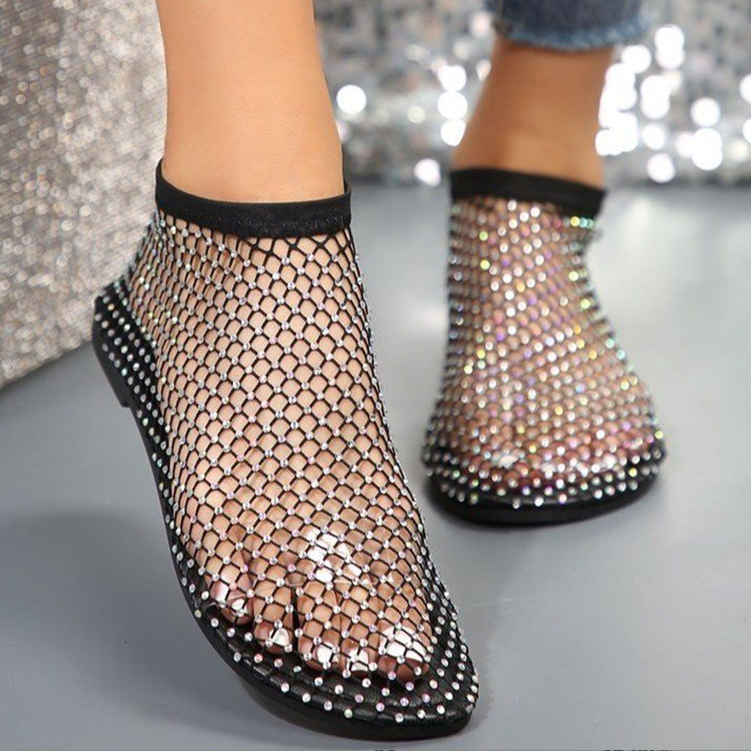 Lena – Rundzehen-Sandalen mit flachem Absatz und Strass Mesh Entwerfen