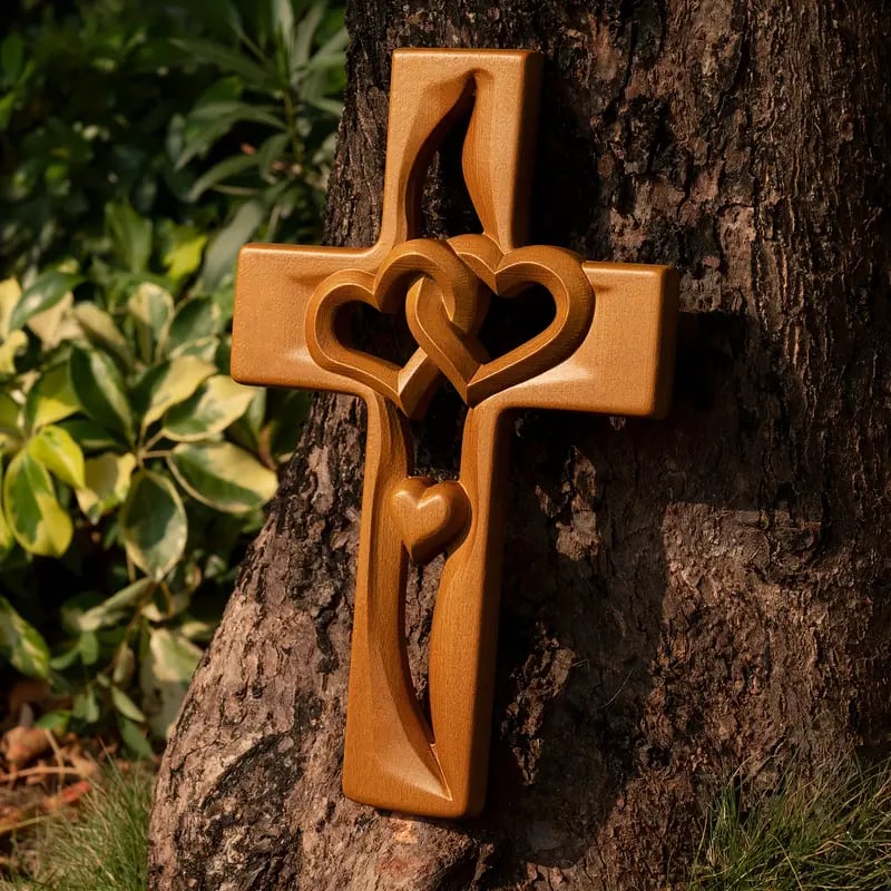 HeartCross – Religiöses Kreuz mit Herzen und handgemeißelter Textur