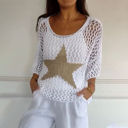 Kayla – Häkel-Strick-Netzbluse mit Rundhals-Design