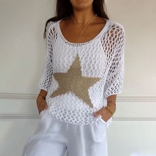 Kayla – Häkel-Strick-Netzbluse mit Rundhals-Design