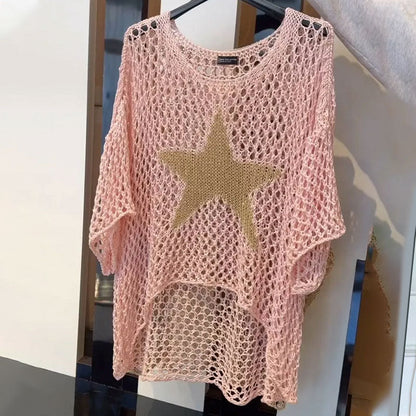 Kayla – Häkel-Strick-Netzbluse mit Rundhals-Design