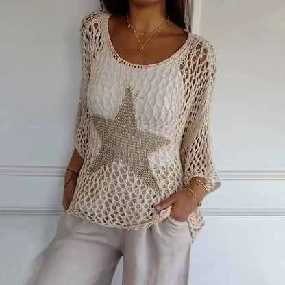 Kayla – Häkel-Strick-Netzbluse mit Rundhals-Design