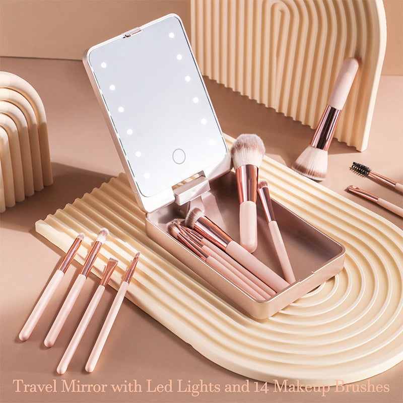 TravelGlow – Kompaktes Reise-Make-up-Set mit LED-Lichtspiegel